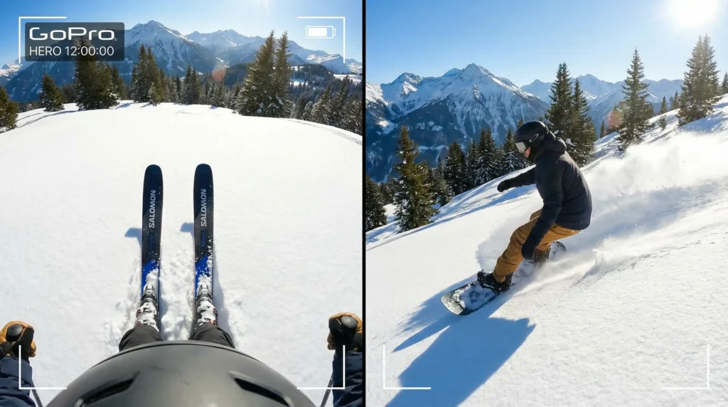 Split screen comparison of GoPro POV skiing footage versus Insta360 third-person snowboarding angle.