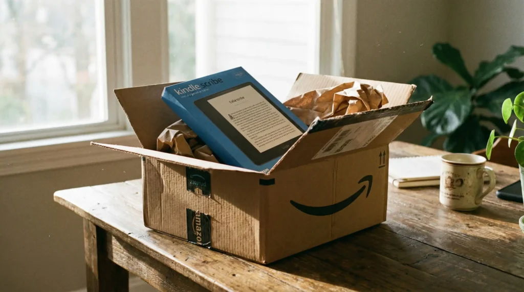 Open Amazon shipping box on a wooden table revealing high-end tech inside, illustrating Amazon Resale hidden gems.