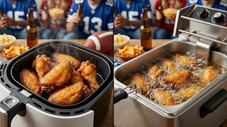 Side-by-side comparison of crispy wings in a Ninja air fryer versus traditional T-fal deep fryer for Super Bowl party snacks.