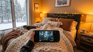 First-person view of a cozy gaming setup in bed with a Nintendo Switch and warm winter blankets.