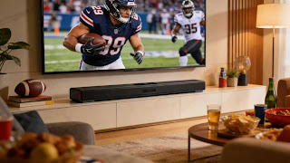A sleek soundbar sits beneath a TV playing football, essential for the ultimate Super Bowl party experience.