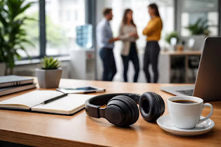 Best noise canceling headphones on a desk with chatting coworkers in the background.