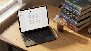 Minimalist iPad desk setup for college students with keyboard and stylus for spring semester 2026 study session.