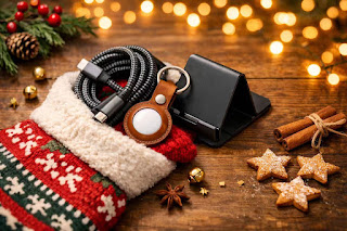 Aesthetic tech stocking stuffers spilling out of a knitted sock on a wooden table with Christmas lights background.