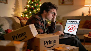 Stressed shopper looking for last-minute tech gifts on Amazon that arrive before Christmas 2025 with Amazon Prime boxes in foreground.
