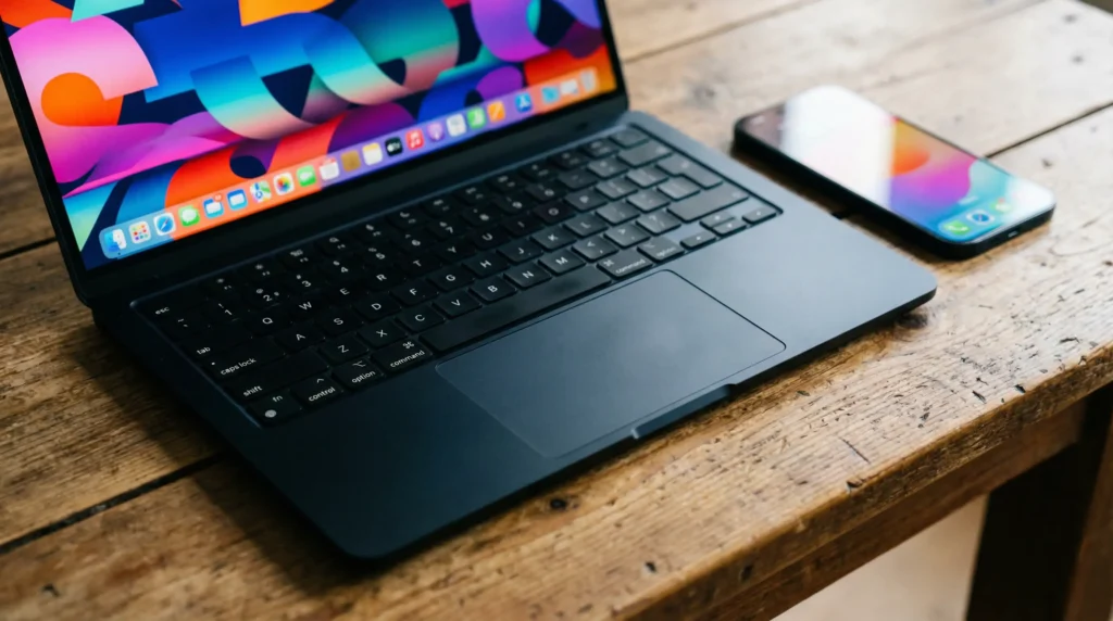 Apple MacBook Air 13 inch M3 chip midnight color laptop on desk.