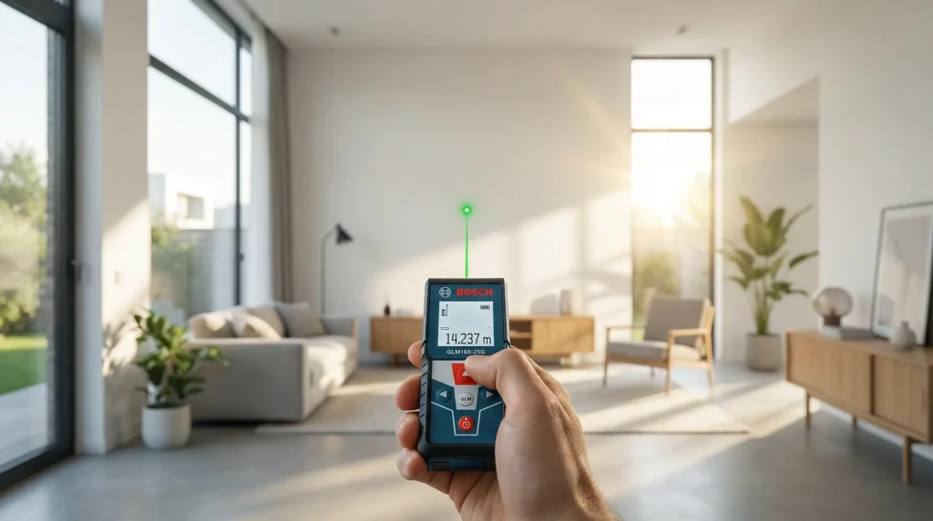 A homeowner using the Bosch BLAZE GLM165-25G green-beam laser measure to calculate floor area in a sunlit modern living room.