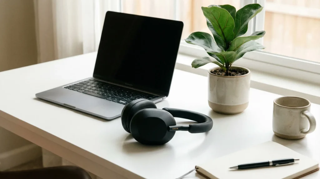 Sony WH-1000XM5 noise canceling headphones on a white desk, best Amazon Resale deals for audiophiles.