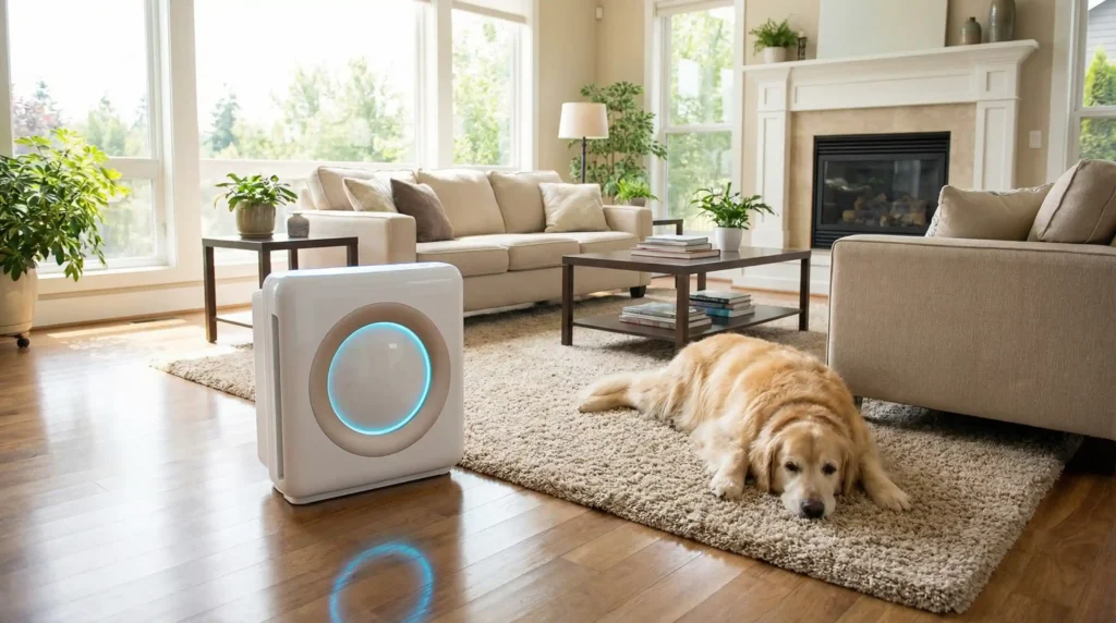 Coway Airmega AP-1512HH air purifier in a large living room with a pet, showing the air quality indicator.