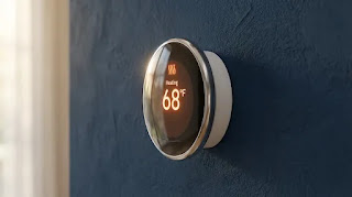 Google Nest Learning Thermostat 4th Gen mounted on a blue wall displaying 68 degrees heating mode, energy efficient smart home device.