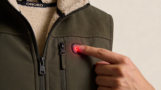 ORORO Softshell heated vest chest button glowing red with fleece lining visible.