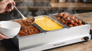 Elite Gourmet Triple Buffet Server keeping chili and queso warm during a football party.