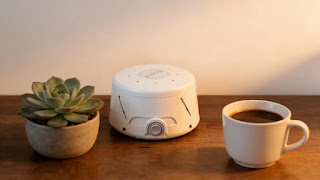 Yogasleep Dohm white noise machine on a minimalist desk setup.