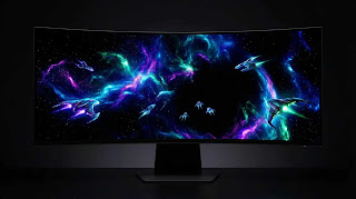 Samsung Odyssey OLED G9 49 inch curved gaming monitor displaying deep blacks.