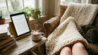 Cozy reading setup with Kindle Unlimited on a tablet.
