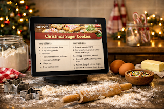 Amazon Echo Show 10 smart display in a kitchen helping with Christmas dinner recipes.