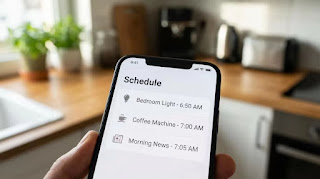 Kasa Smart App interface showing a scheduled morning routine for coffee automation.
