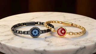 Totwoo Sun and Moon long distance touch bracelets glowing on a marble table.