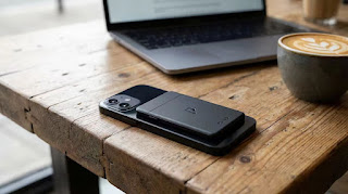 PLAUD NOTE AI voice recorder attached to the back of an iPhone on a wooden coffee shop table for recording meetings.