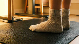 Anti-fatigue mat for standing desk users to prevent foot pain.