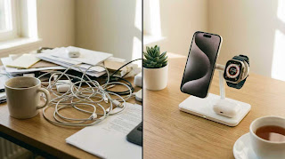 Comparison of messy charging cables versus a clean 3-in-1 wireless charging station setup.