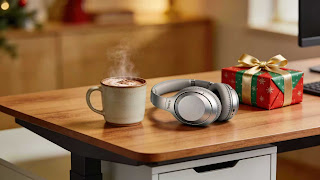 Sony WH-1000XM5 noise canceling headphones on a desk, perfect last-minute Christmas gift for audiophiles.