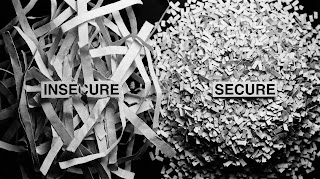 Comparison between insecure strip-cut paper and high-security cross-cut shredded paper.
