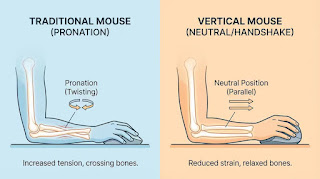 An ergonomic diagram comparing the forearm twist caused by a standard mouse versus the natural handshake posture of a vertical mouse.