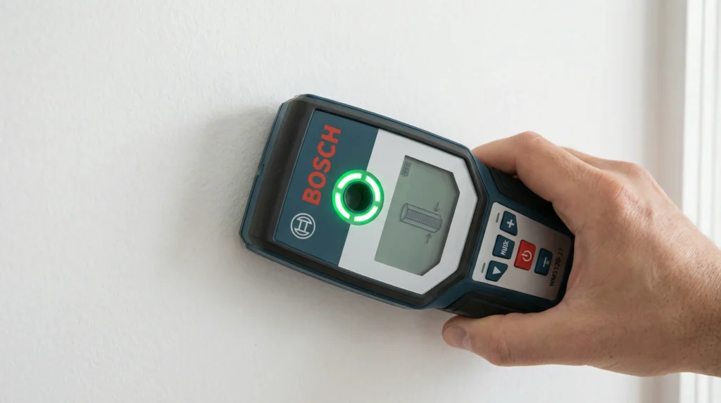 Bosch GMS120-27 Wall Scanner detecting wood studs and live electrical wires to ensure safe drilling during a home DIY project.