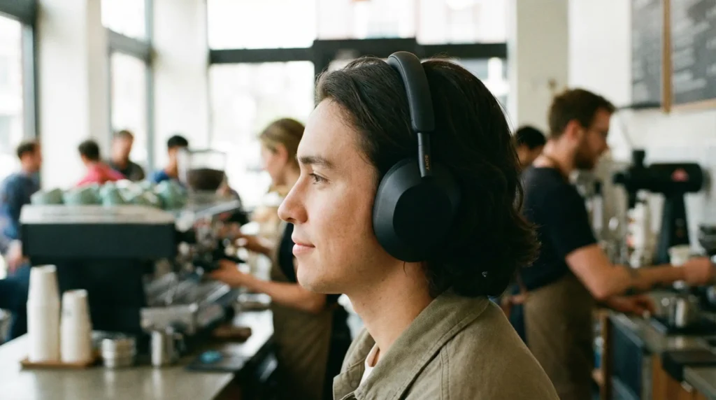 Sony WH-1000XM5 noise canceling headphones being used in a coffee shop.
