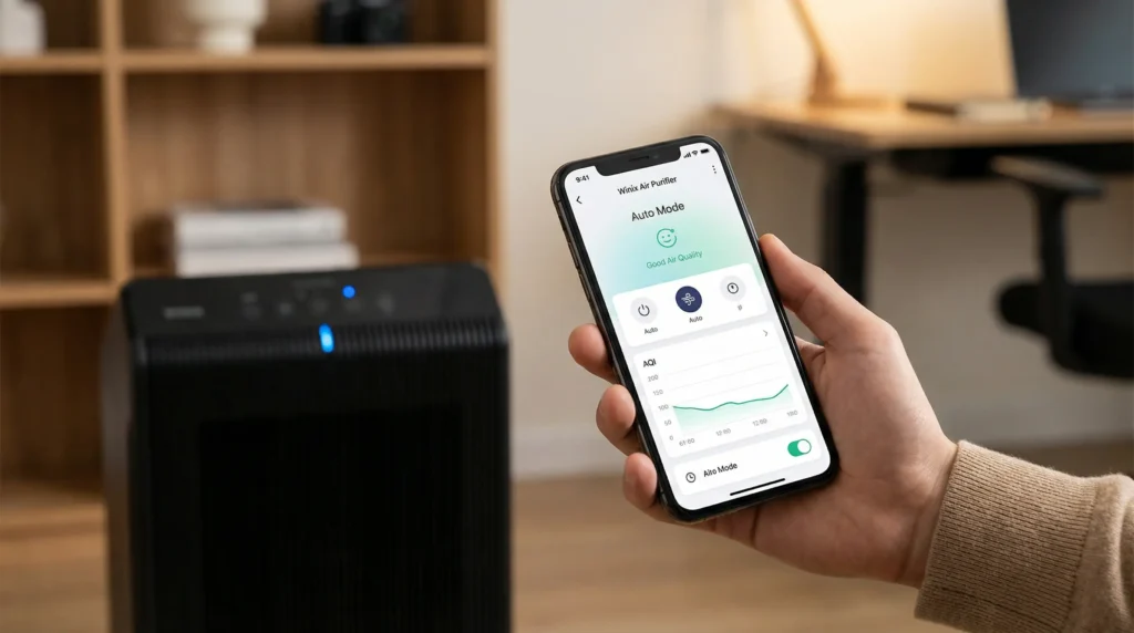 Controlling the Winix 5510 air purifier remotely via a smartphone app for smart home air management.