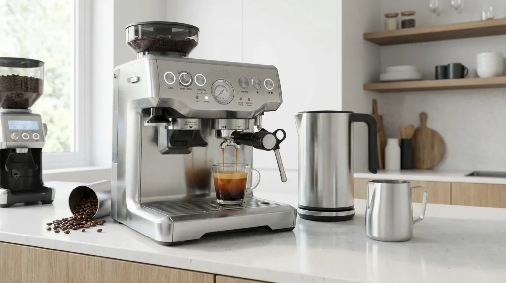 Breville Barista Express espresso machine brewing coffee on a kitchen counter, best kitchen appliance deals on Amazon Resale.