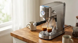 Gevi 20 Bar compact espresso machine brewing double shots for a quick morning coffee.