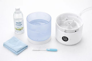Essential cleaning supplies for humidifiers including vinegar and brush to prevent mold buildup.
