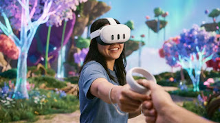 Person wearing Meta Quest 3S headset enjoying a virtual reality date.
