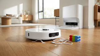 Roborock S8 MaxV Ultra robot vacuum using AI obstacle avoidance to navigate around cables on a hardwood floor.