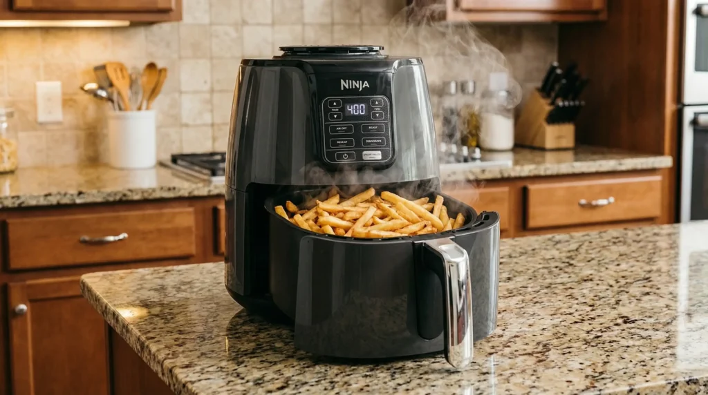 Ninja AF101 Air Fryer 4 Quart basket with crispy fries.
