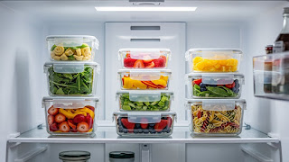 Rubbermaid Brilliance Glass Storage Containers stacked in a fridge for meal prep organization.