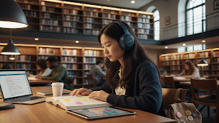Soundcore Space Q45 headphones used in a library.
