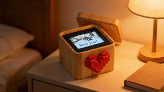 Lovebox Spinning Heart Messenger displaying a photo and message inside the wooden box.