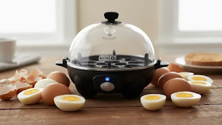 DASH Rapid Egg Cooker making perfect hard-boiled eggs for a cheap healthy breakfast.