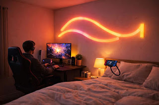 Govee Glide smart wall lights displaying warm sunset colors in a cozy gaming bedroom setup.