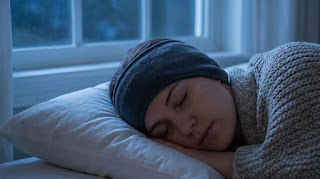 Woman wearing SleepPhones Wireless headband while sleeping comfortably on a pillow.