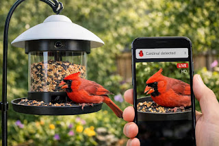 Birdfy smart bird feeder with camera identifying a red cardinal using AI technology.