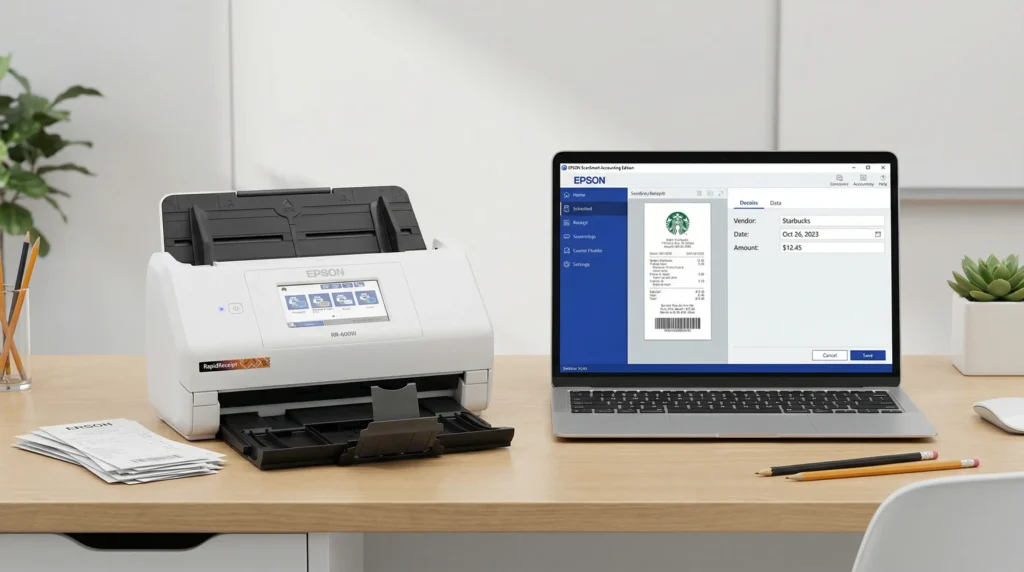 The Epson RapidReceipt RR-600W wireless scanner, a smart device for automating financial data extraction from receipts and invoices for tax preparation.