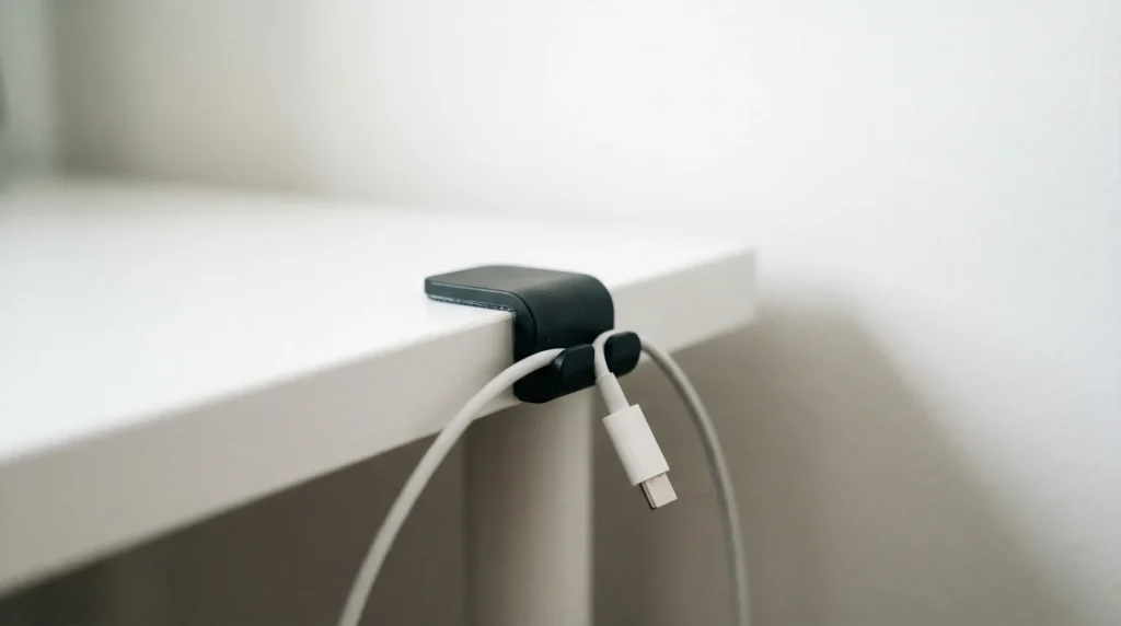 An OHill adhesive cable clip neatly holds a phone charging cable on the edge of a desk.