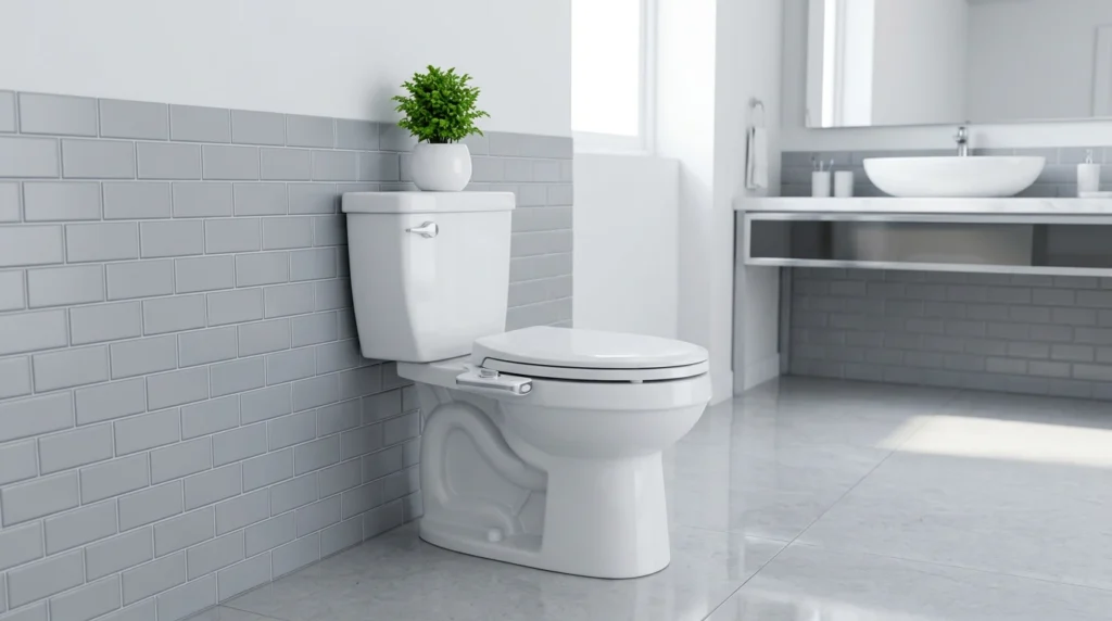A sleek white bidet attachment with chrome controls installed on a toilet in a clean, modern bathroom, illustrating an easy and affordable bathroom upgrade.