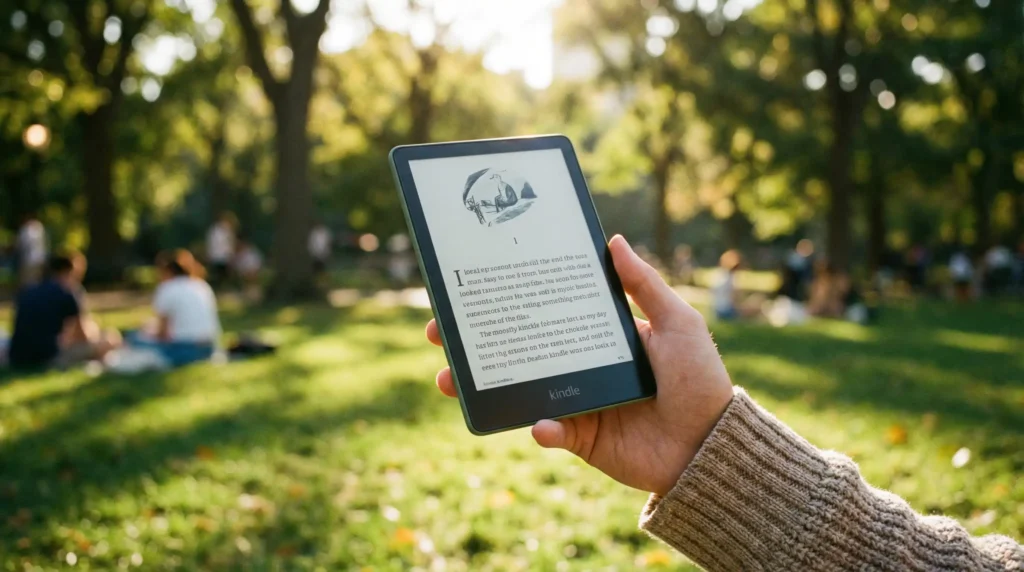 The compact Matcha Green Amazon Kindle (2024) held outdoors, showing off its portability and glare-free screen.