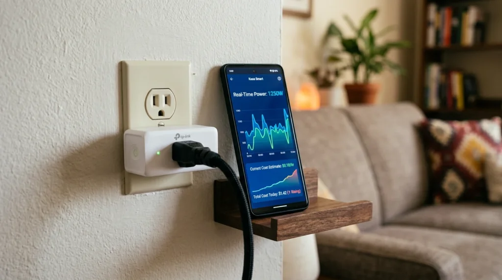 A smartphone app showing real-time electricity usage from a smart plug to help identify energy vampires and lower bills.