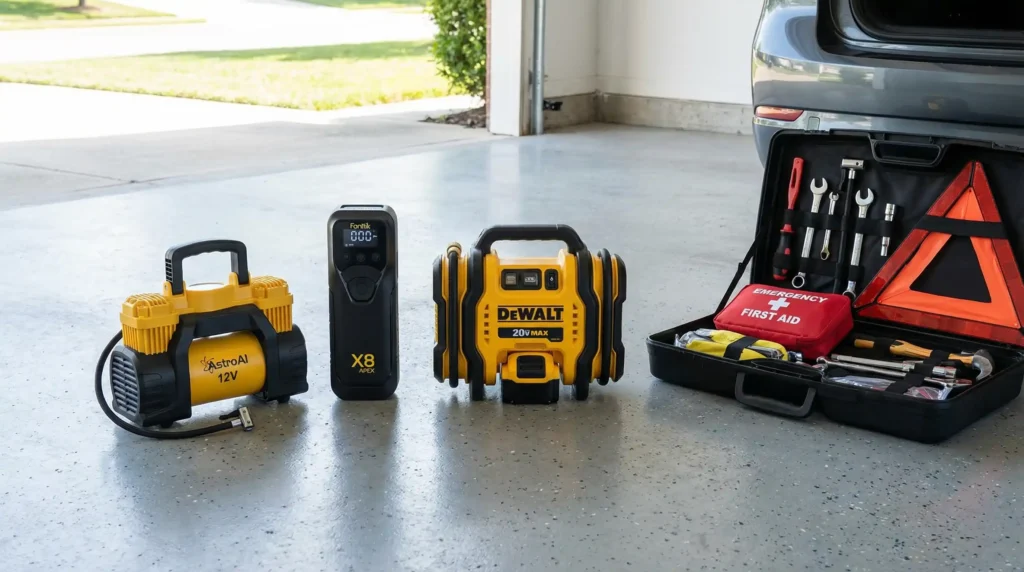 The top-rated AstroAI, Fanttik, and DEWALT portable tire inflators displayed together, showcasing the best options for a car emergency kit.